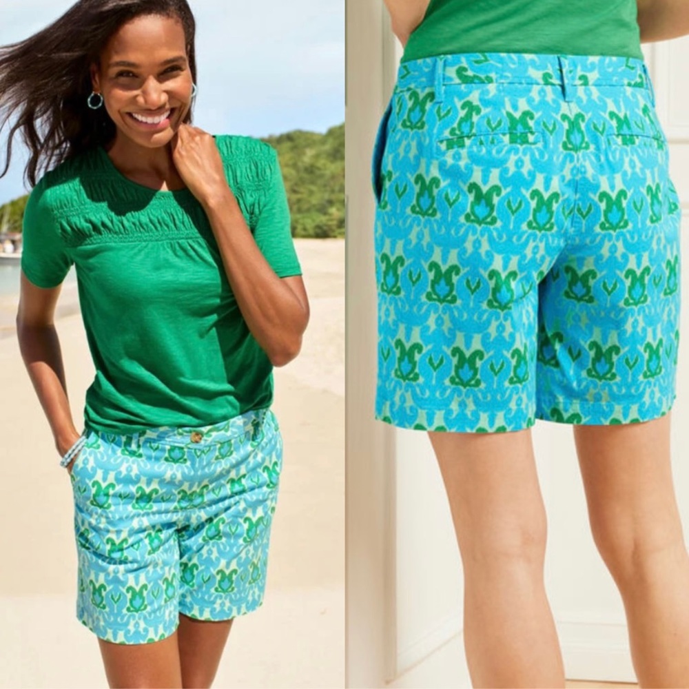 🔥NWT Talbots Relaxed Chino Shorts Ikat Medallion Blue Green Women Size 6P